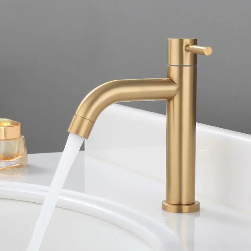 304 Stainless Steel Bathroom Basin Faucet Brushed Gold Single Cold  Sink Tap   Handle