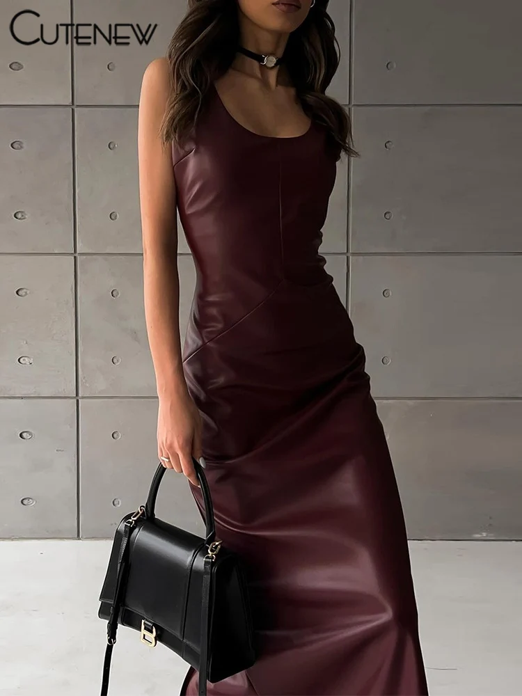 Cutenew PU Leather Women Long Dress Classic Simple Sleeveless Crew Neck Back Zip-up Sheath Vestidos Mujer Solid High Street Robe