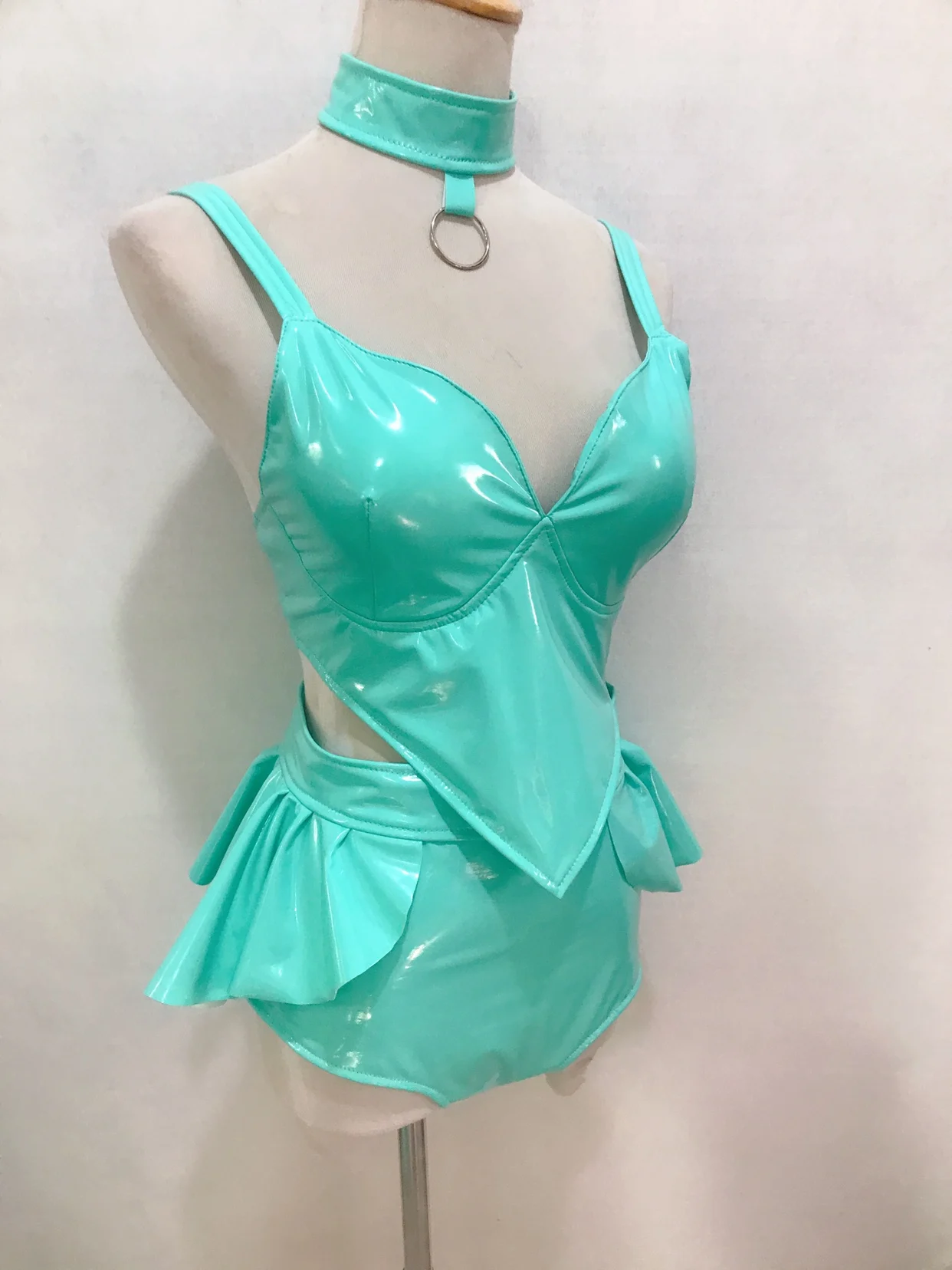 Helle elastische Lack Leder Split Set Nachtclub Bar Urlaub Party Sängerin Führenden Tanz Bühne Sexy Performance Kleid