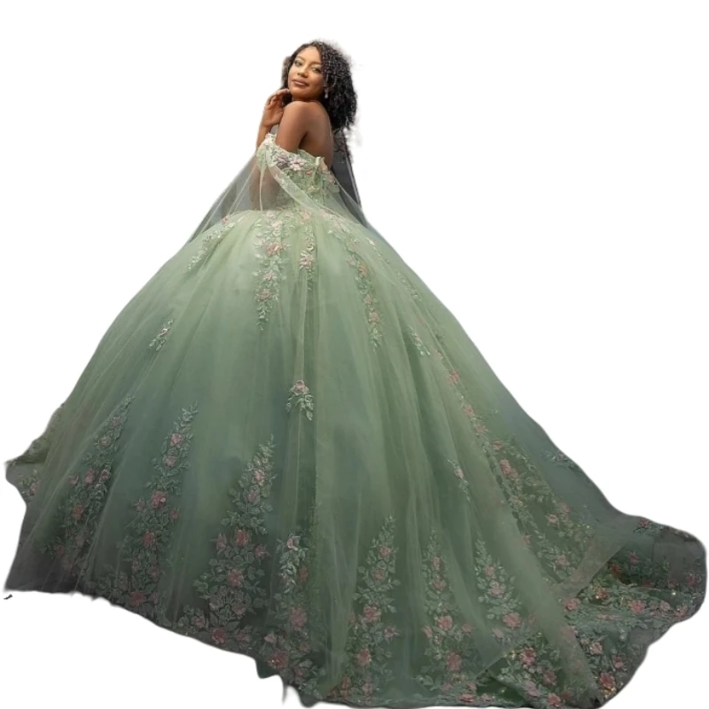 2025 Abiti Quinceanera verde salvia con applicazioni floreali rosa con spalle scoperte Abito da ballo Vestido De 15 Anos Corsetto Principessa dolce