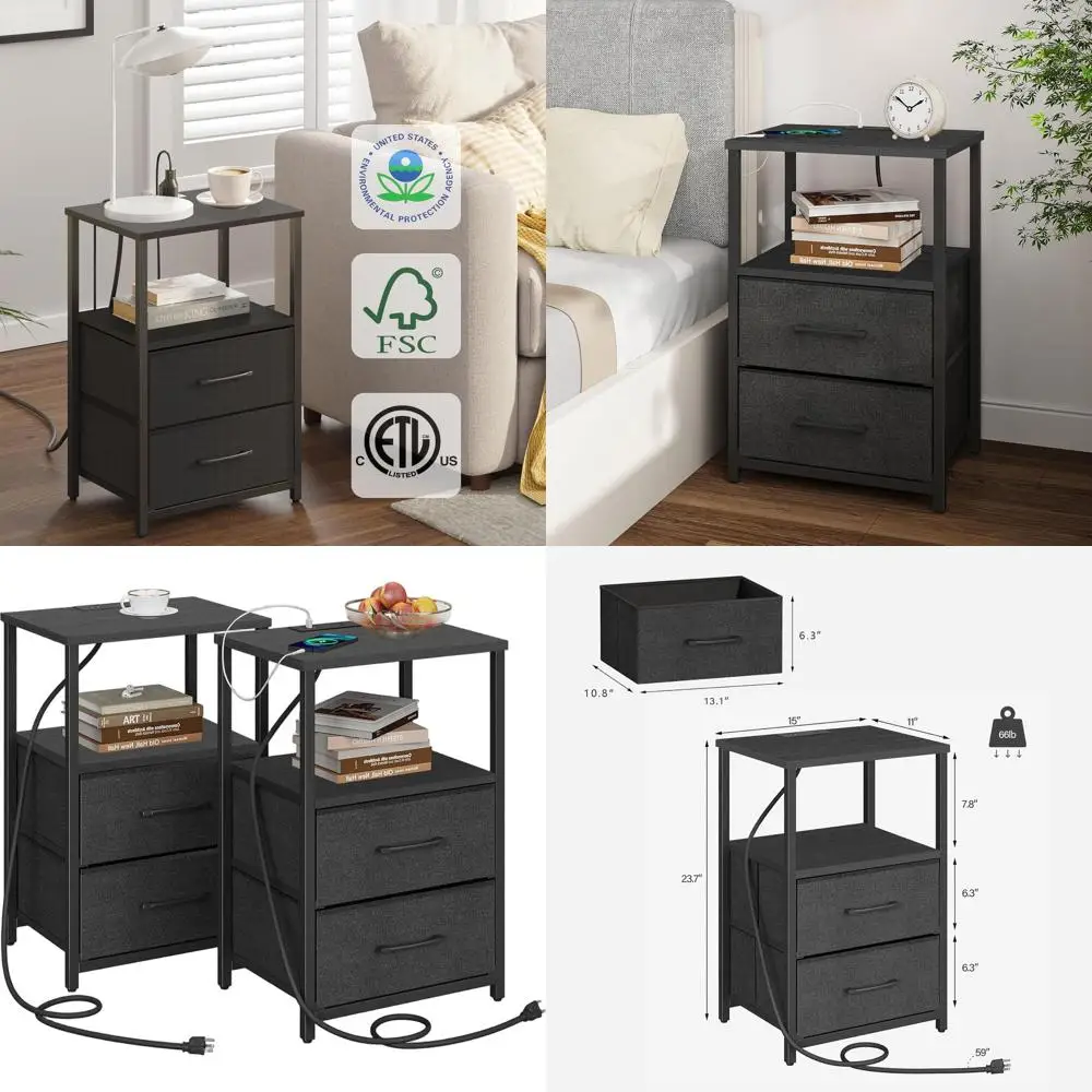 

Прикроватная тумбочка с двумя USB-портами и розетками, черная, набор из 2 шт., приставной столик для дивана