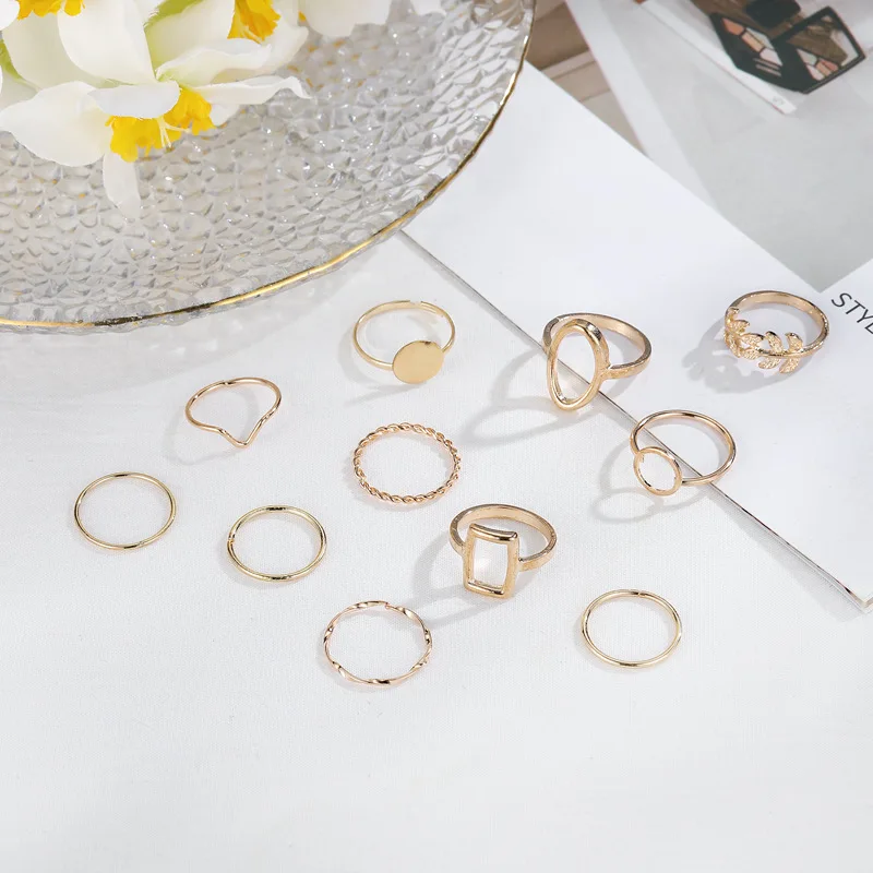 New Trendy Gold Color Rings Set For Women Simple Irregular Geometric Oval Hollow Out Opening Ring Girl Party Jewelry Gift Bague