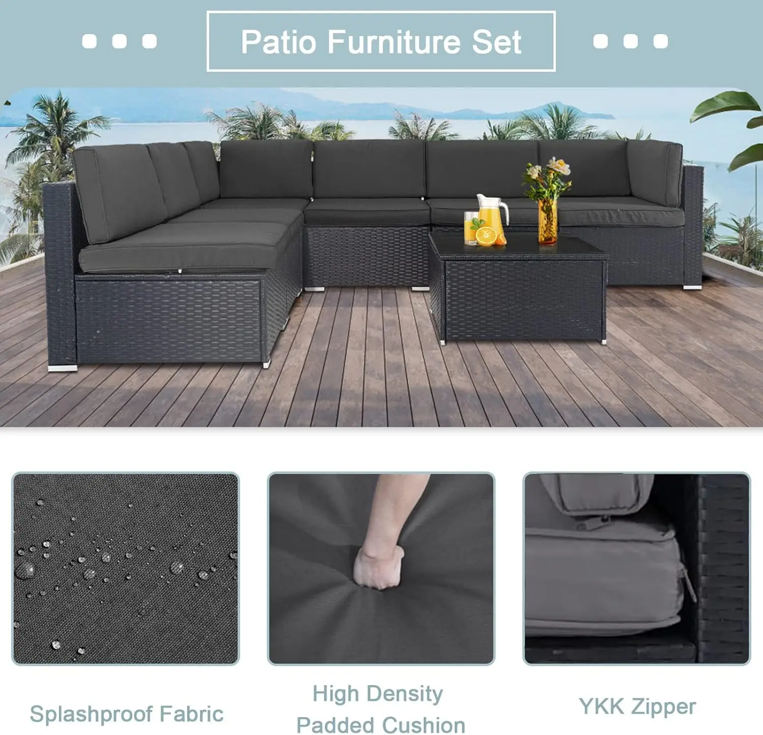 Conjunto de muebles de exterior para Patio, sofá Seccional de mimbre negro para todo tipo de clima, mesa de centro de vidrio moderno y cojín lavable, 7 piezas