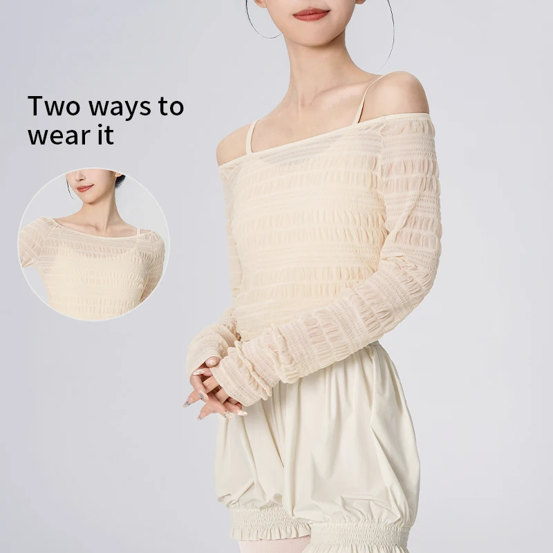 Ivoogle Adult Off-The-Shoulder Ruched Mesh Top with Stacked Sleeve Natural Pleated Loose Straight Leg Ballet Trousers Casual Set