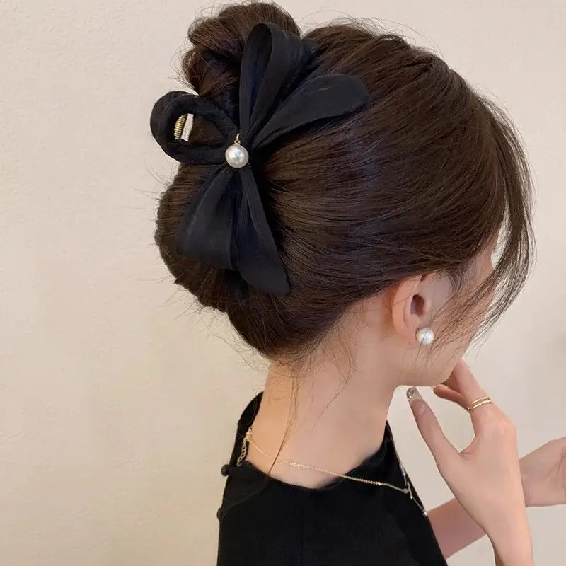 1pc Wrinkled bow clip, large new autumn elegant hair clip, women's back of the head super fairy shark clip