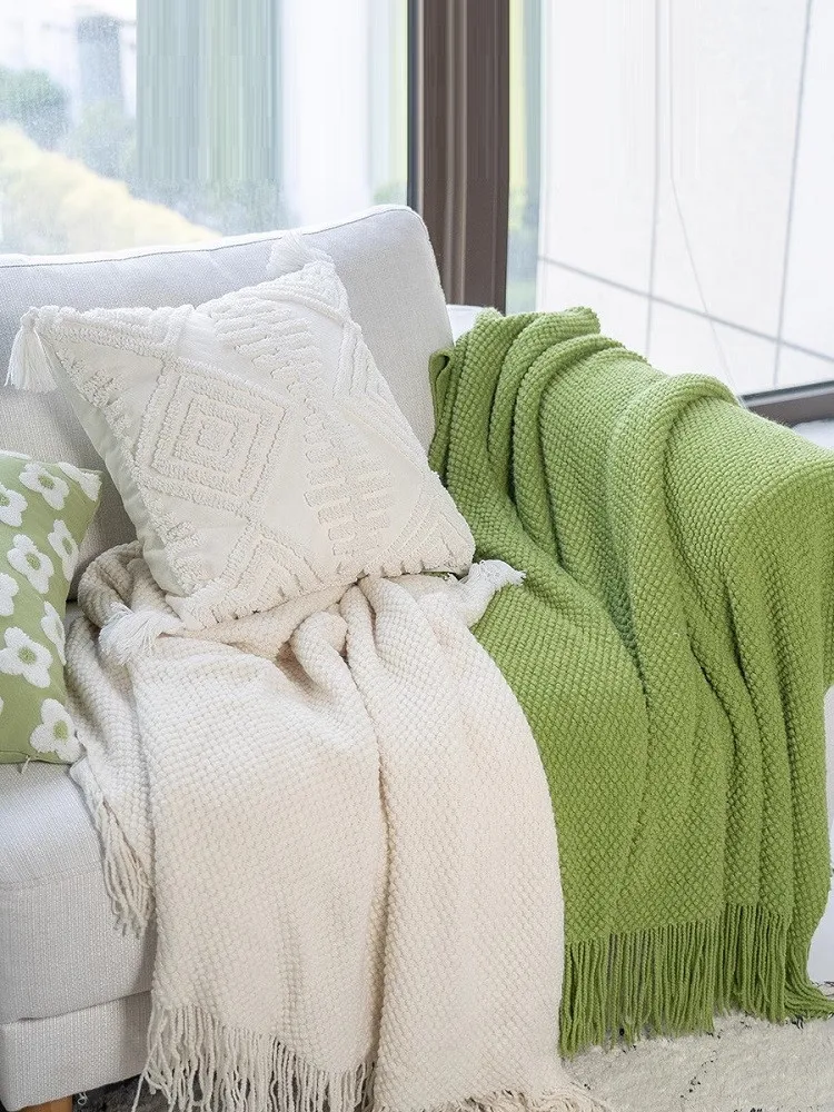 Thickened Textured Knitted Blanket Solid Sofa Bed Cover Corn Grain Waffle Embossed Knit Tassels Throw Bedspread Home Decor Manta