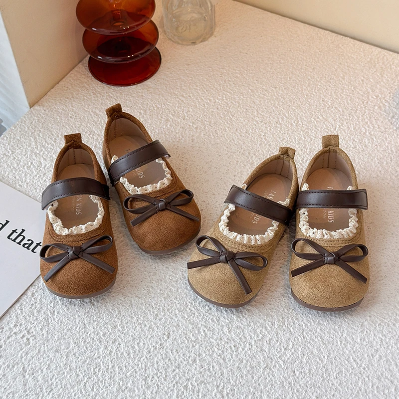

Весенние детские туфли Мэри Джейн для девочек с бантом и кружевом, замшевые, милые, на мягкой подошве, повседневные, в двух цветах