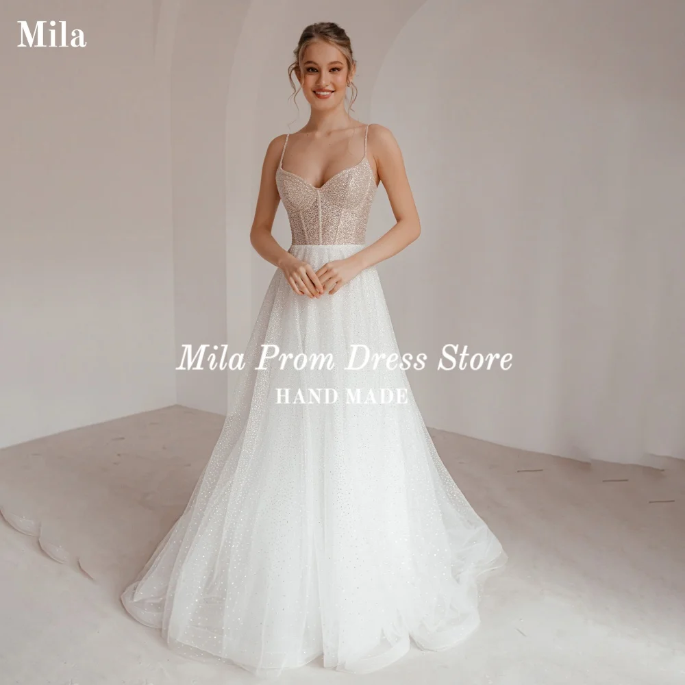 

Mila Customized Giltter V Neck Wedding Dress A Line Long Wedding Gowns Spaghetti Strap Formal Evening robe de mariée