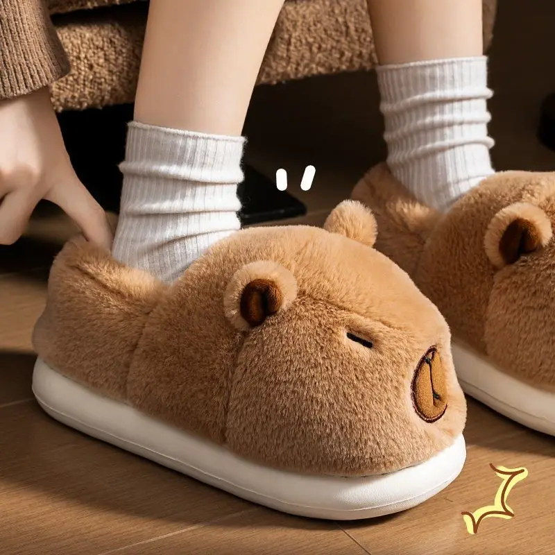 

Thick furry ankle wrap capybara slippers women winter warm 3D cartoon plush shoes man woman couple home cotton shoes
