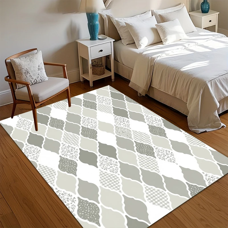Light Gray White Ogee Tile Area Rug for Living Room Bedroom Modern Farmhouse Moroccan Home Decor Non Slip Washable Floor Mat