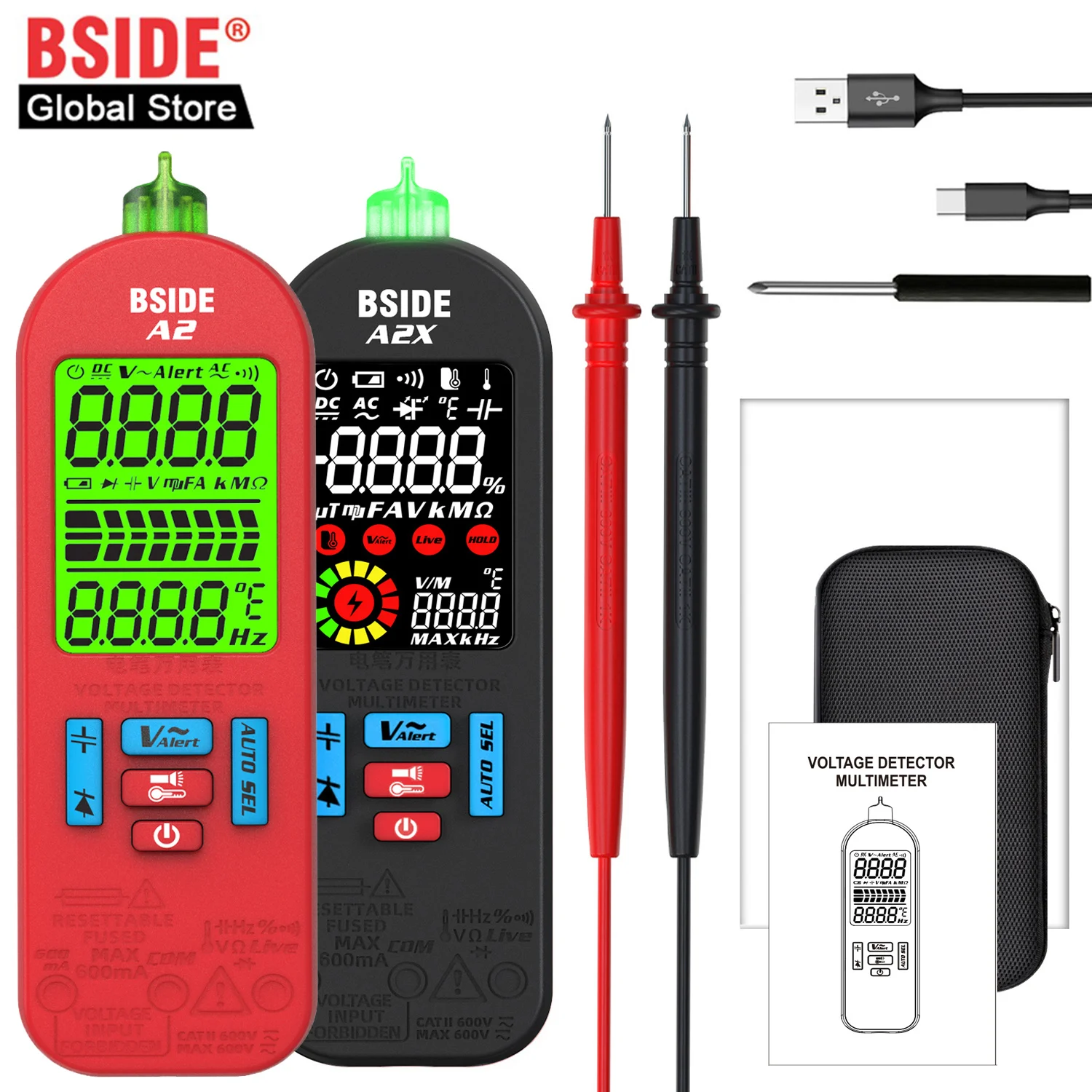 BSIDE Smart Digital Multimeter Rechargeable Professional Automatic Voltage Tester Handheld VFC AC DC Diode Capacitor Resistance