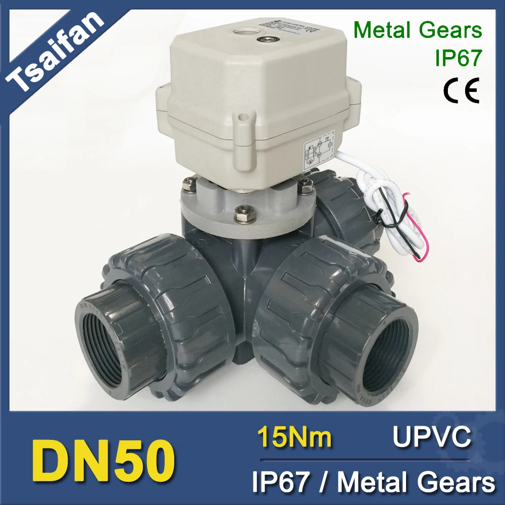 DN50 3-WAY UPVC Electric Water Valve 2', AC24V Electric Automated Water Valve IP67 CE Used for Water Supply 12 Seconds On/Off