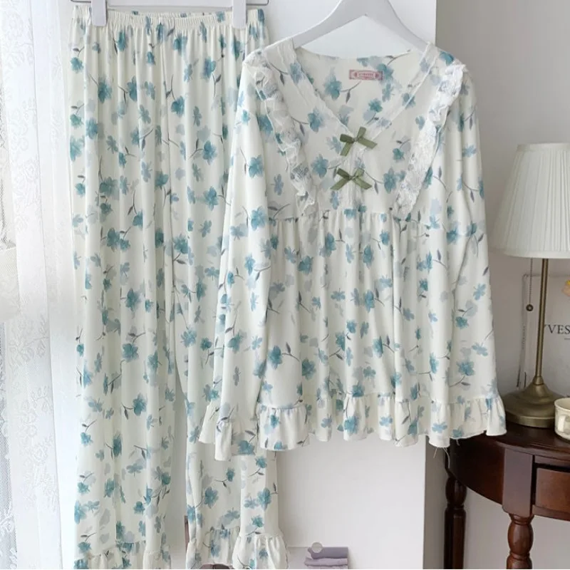 2024 New 150kg Plus Size Autumn Winter Sleepwear Ice Silk Long Sleeved Pajamas Women Loose Fitting Falbala Home Clothing Set