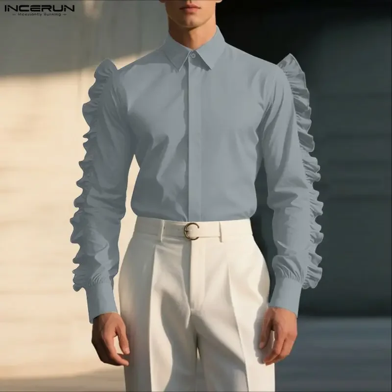 

INCERUN Men Shirt Solid Color Lapel Long Sleeve Ruffle Casual Men Clothing Loose Streetwear Fashion Leisure Tops Camisas S-5XL