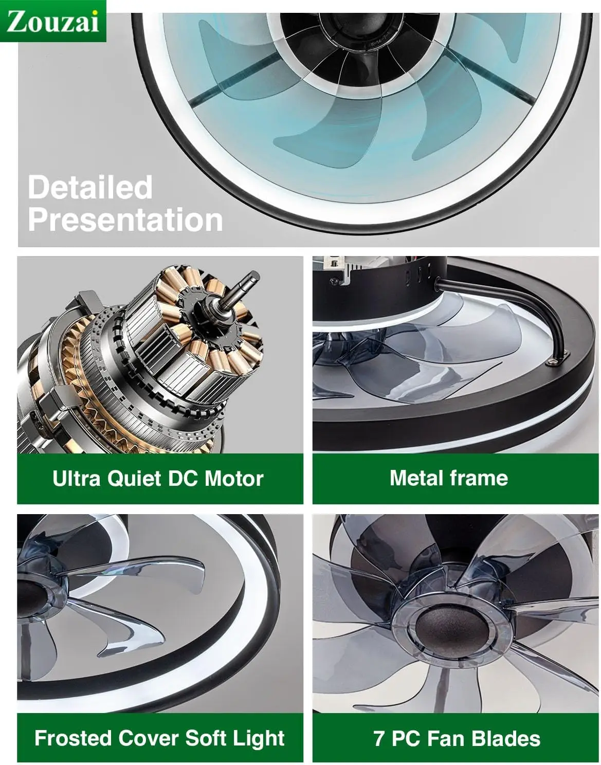 Ventilatore da soffitto a basso profilo Zouzai con luci e telecomando, ventilatori da soffitto moderni da 20 pollici montaggio a incasso, ventilatore Led senza lama dimmerabile