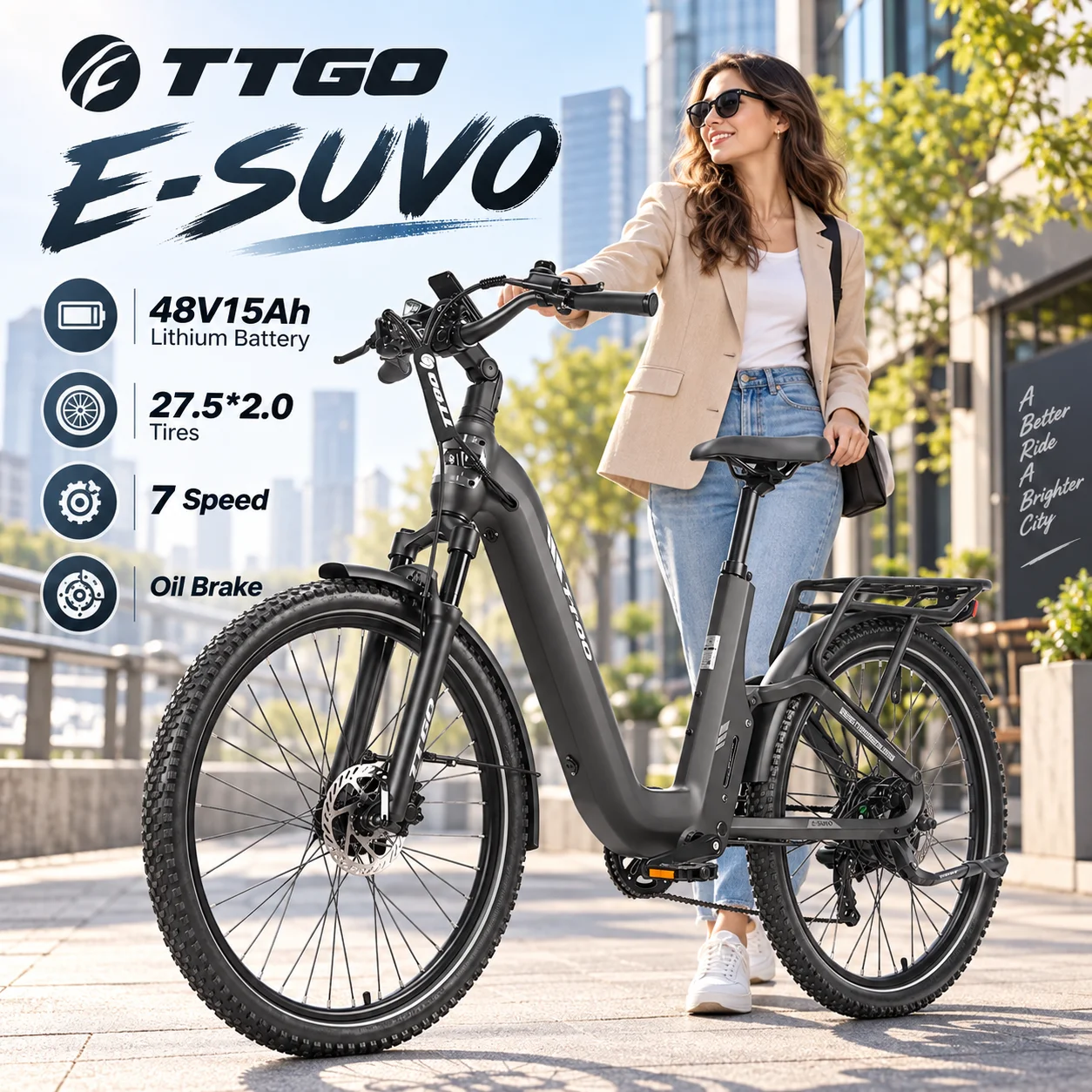 Bicicletta elettrica Ttgo E-Suvo-S6, 27,5 pollici, per adulti, batteria da 48V 15Ah, motore con sensore di coppia da 250W 70Nm, freni a disco idraulici, 7 velocità, autonomia di 120 km, e-bike per gli