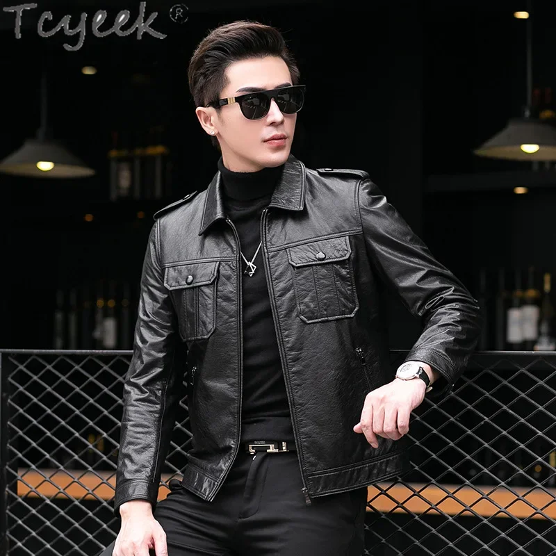 Tcyeek Spring Fall Oil Wax Top Layer Cowhide Genuine Leather Jacket Men Clothes Short Coats Fashion Casual Men's Leather Jackets