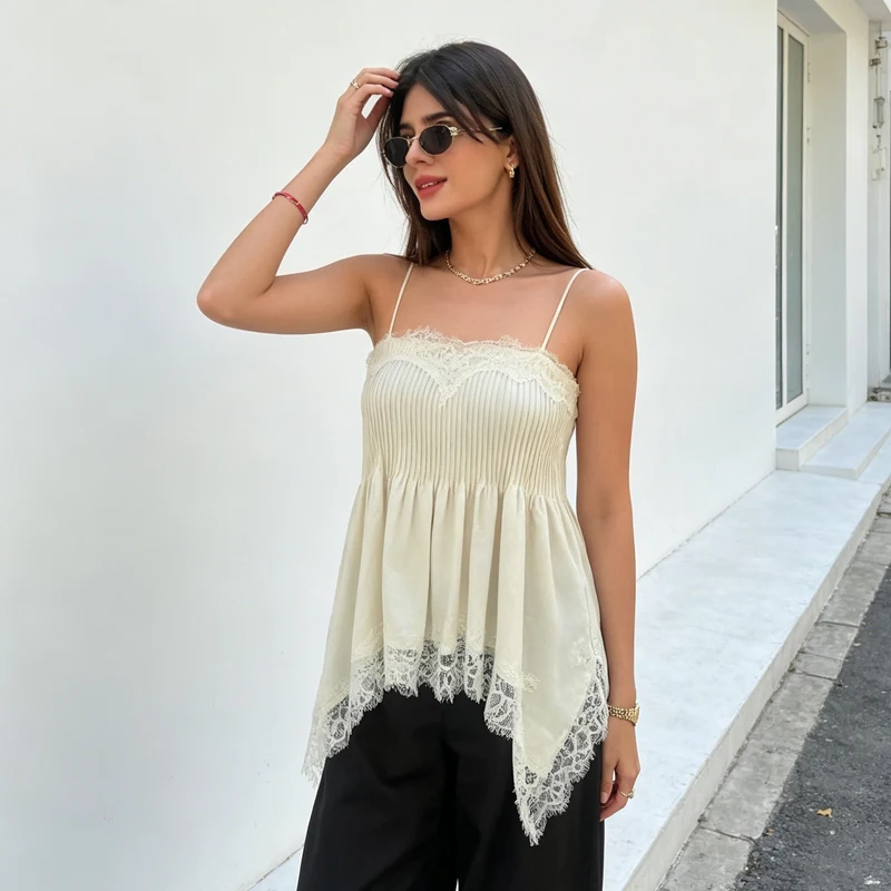MUJER Plissiertes Spitzen-Camisole-Top für Damen Sommer 2026 – Sexy rückenfreies Top mit Trägern im Street-Style für den Abgang ins Ausgehen – Detail 6