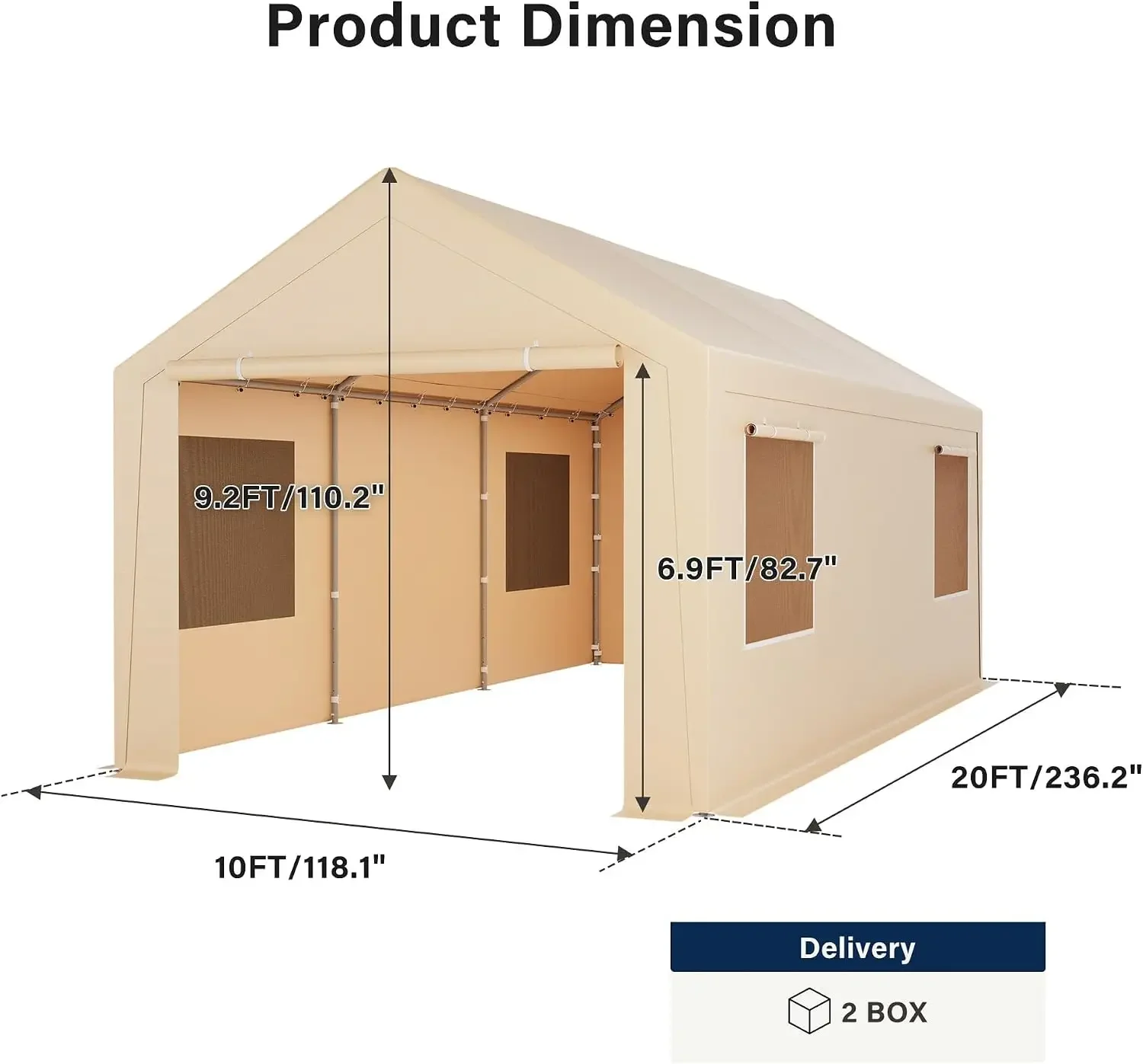 10x20FT Portable Carport, Heavy-Duty Outdoor Car Shelter with Removable Sidewalls, Doors & Ventilated Roll-Up Windows, Garage Te
