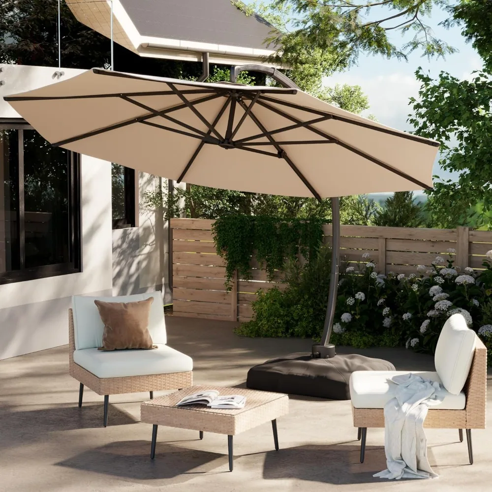 12FT Cantilever Patio Umbrella With Base Included, Round Large Aluminum Outdoor Cantilever, Heavy Duty Offset Umbrella