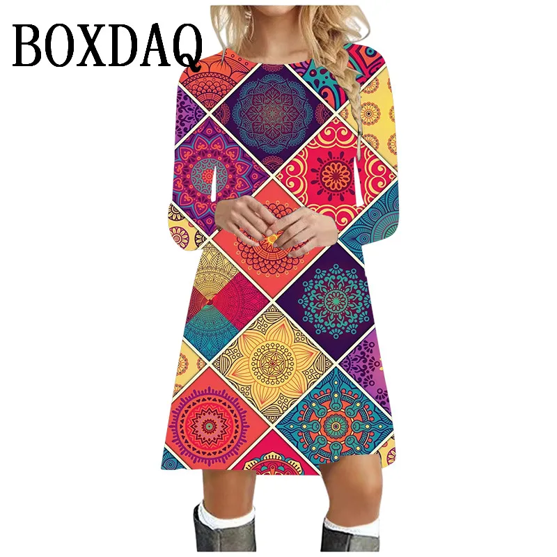 2024 Sukienki jesienno-zimowe Womens Boho Pattern Print Vintage Dress Long Sleeve Oversized Clothing Loose Casual O-Neck Mini Dress