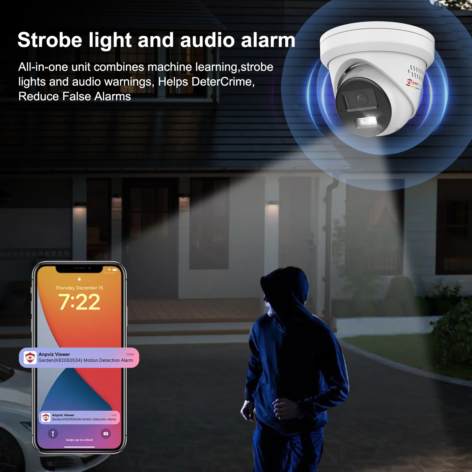 Anpviz Smart 4K IP PoE Camera Strobe Light and Audio Alarm Metal Turret Security Outdoor Human/Vehicle Detection IP67 Waterproof