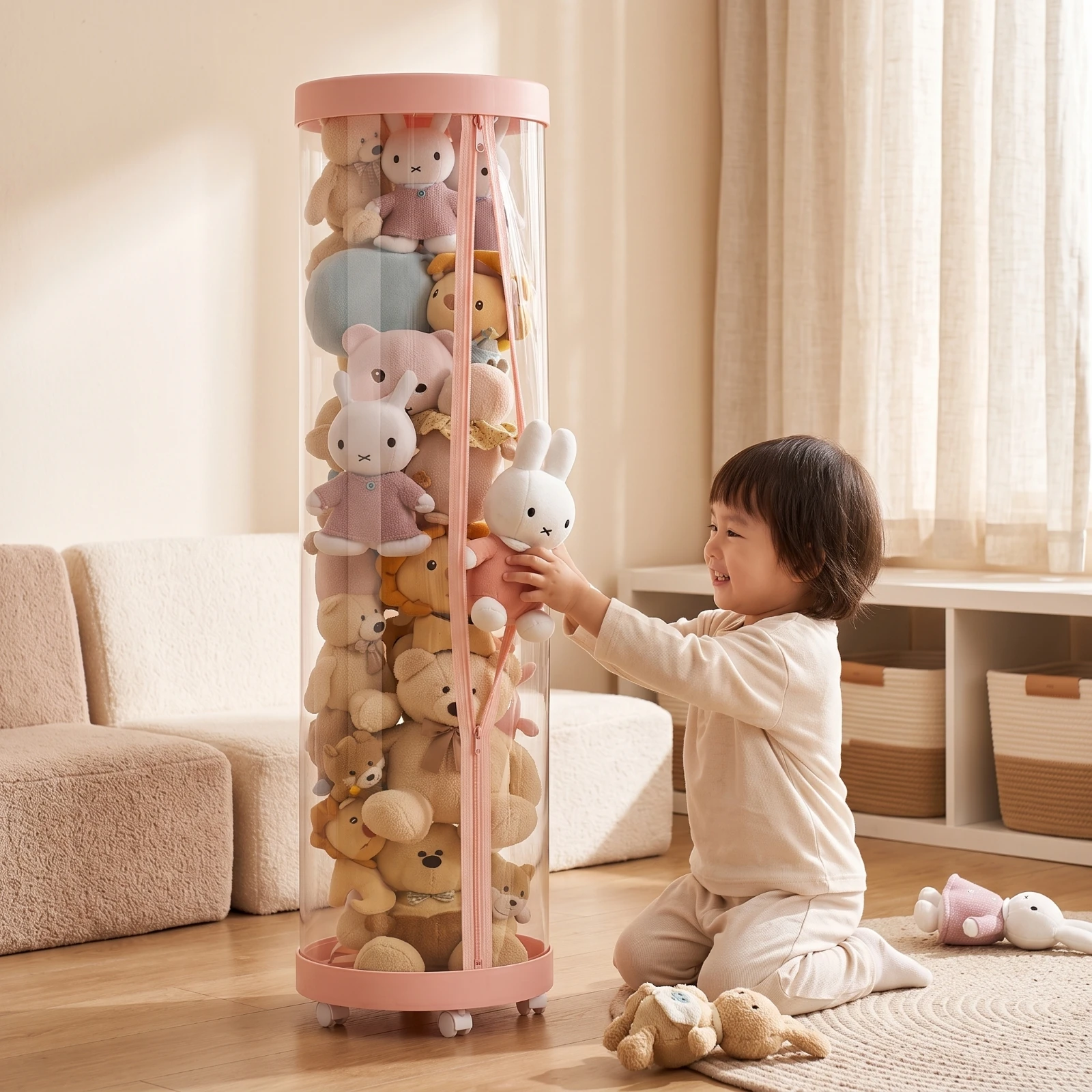 Stuffed Toy Storage Barrel with Zipper Space-Saving Clear Doll Storage Cylinder Stuffed Container Tall Toy Bin Easy Access view 4