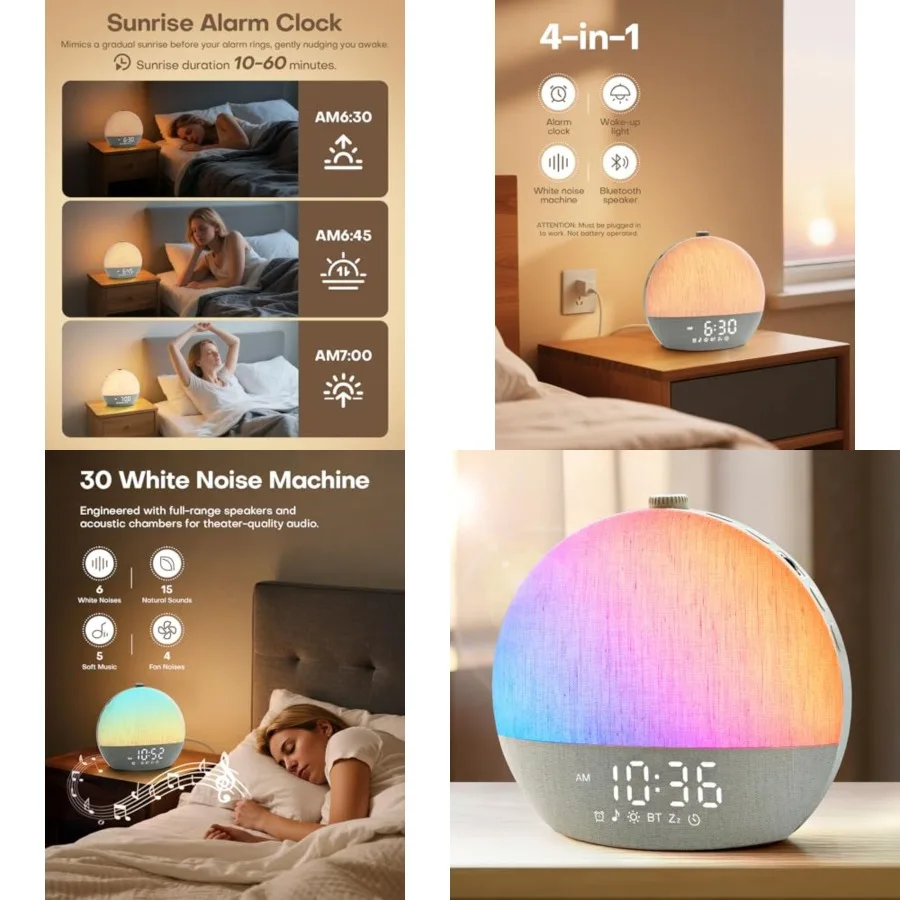 Sunrise Alarm Clock, White Noise Sound Machine, Sunlight Alarm Clocks for Bedrooms, 9 Natural Wake Up RGB Night Light, 30 Sooth