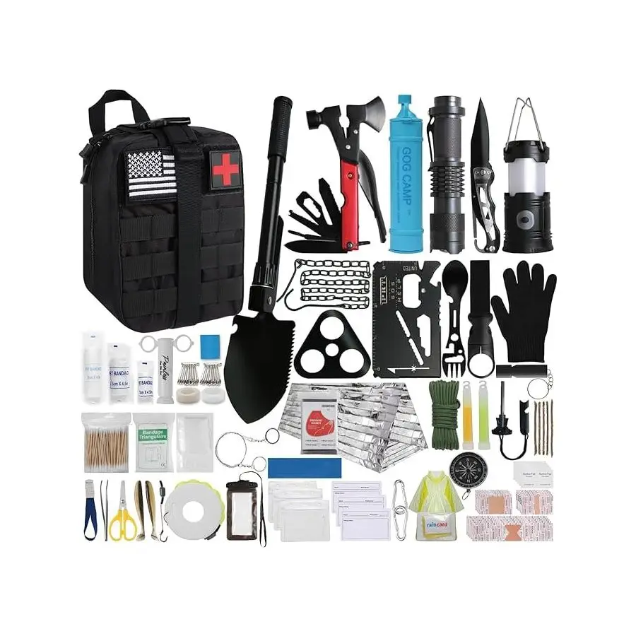 

Оригинальный набор для выживания, 250 предметов снаряжения для выживания, аптечка первой помощи с сумкой, совместимой с системой Molle, и аварийной палаткой, идеально подходит для землетрясений