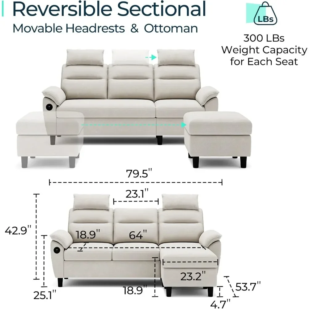 Sectional Sofa, High Back with Ottoman, 2 USB and Storage Bags, L Shaped with Extra Headrests, Easy Maintenance, Sectional Couch