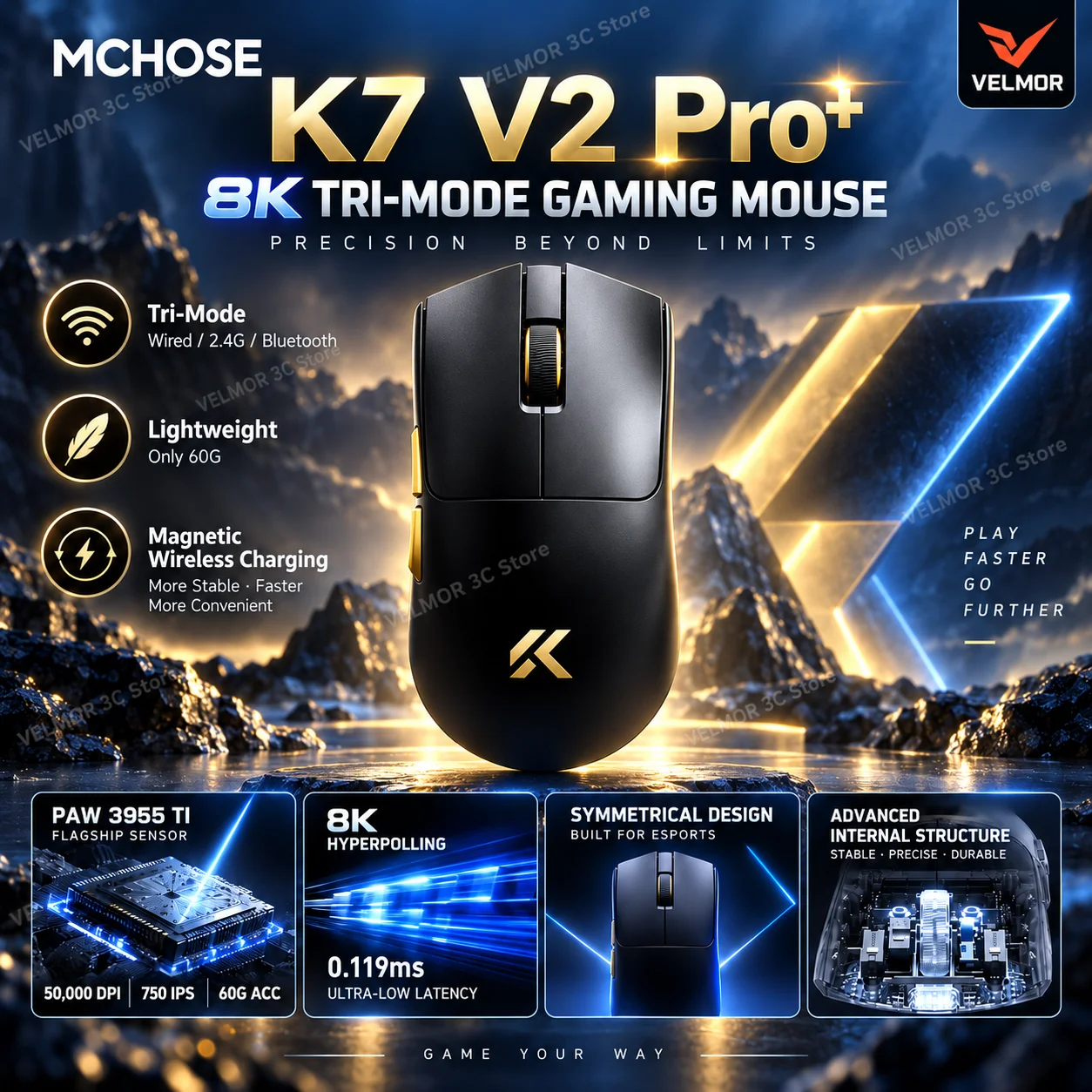 MCHOSE K7 V2 Pro+ Wireless Gaming Mouse Dual 8K Lightweight Tri Mode Bluetooth 2.4G Wired Magnetic Wireless Charging for PC
