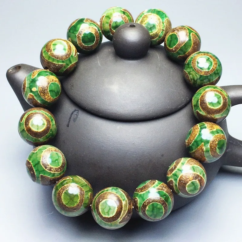 

Hot Selling Natural Hand Carved Jade Bracelet Green Three-Eyed Old Dzi Bracelet Fashion Jewelry Lucky Gift for Men Women