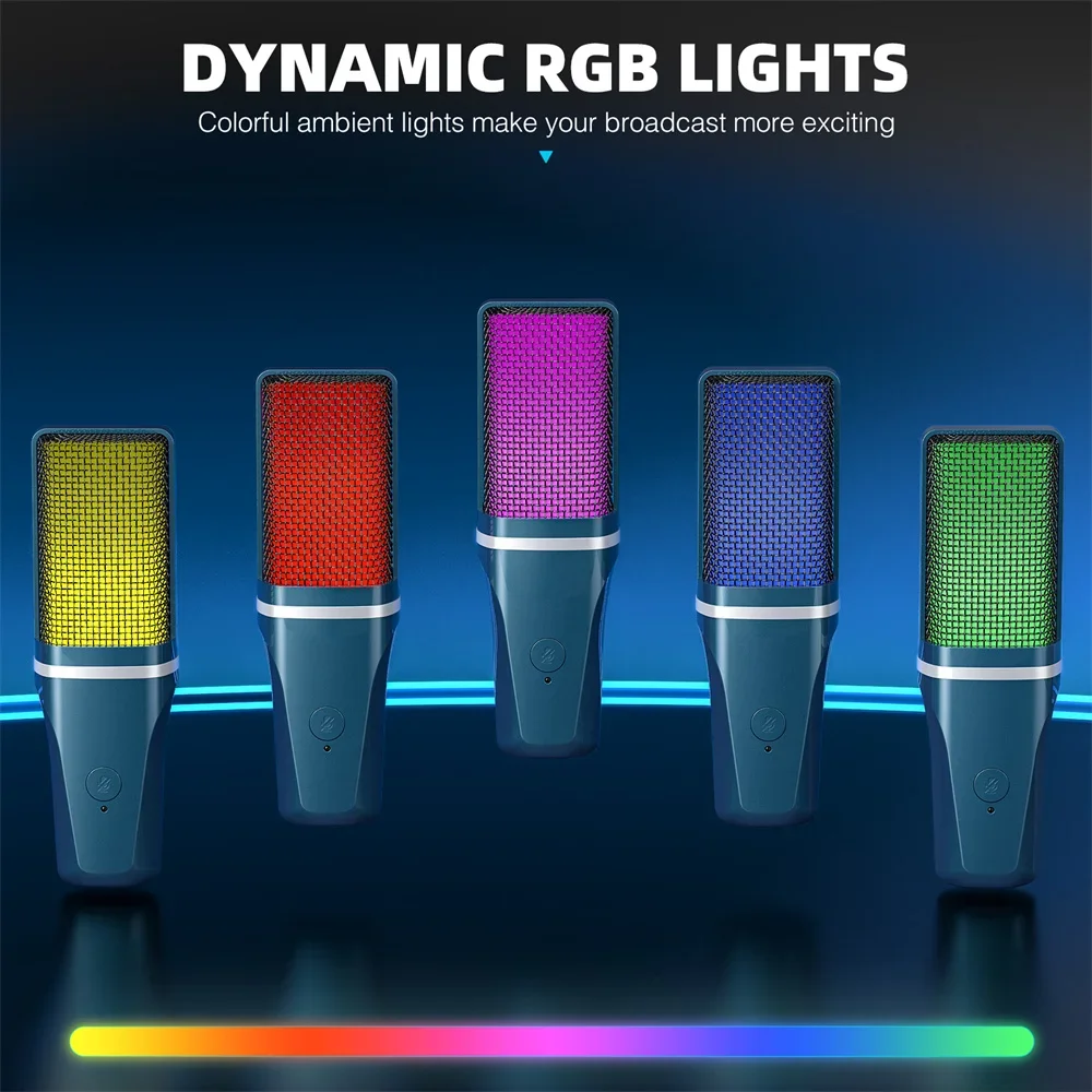 Microfone USB de transmissão 2025 Pro com botão de mudo rápido e batimento cardíaco Rgb - padrão cardióide e 24 bits/96 Khz para esportes