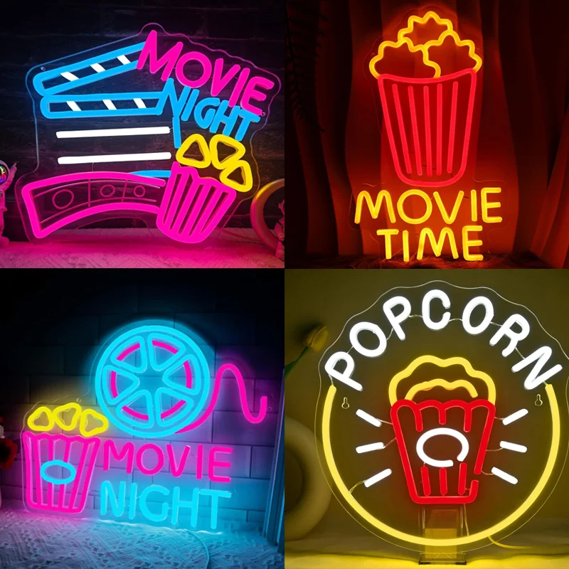 

Popcorn Movie Night Neon Sign for Wall Decor Movie Time Home Cinema Decor Dimmable USB Neon Light for Room Cinema Party Birthday