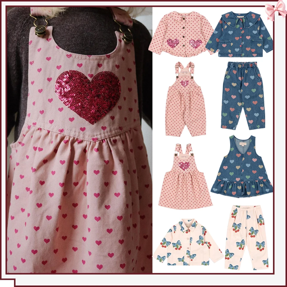 

2025 KS Children Denim Clothes Set Toddler Girls Heart Print Jacket Jeans Kids Cute Overalls Dress Girl Dresses Outwear Pants