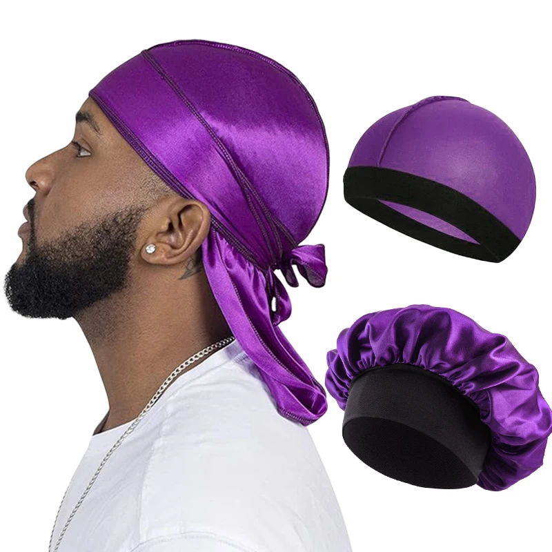 3 TEILE/LOS Frauen Männer Seidige Durag Lange Schwanz Piraten Hut Elastische Motorhaube Turban Dome Kappe Unisex Bandanas Schlafen Dusche Kappe Kopf wickeln – Detail 11