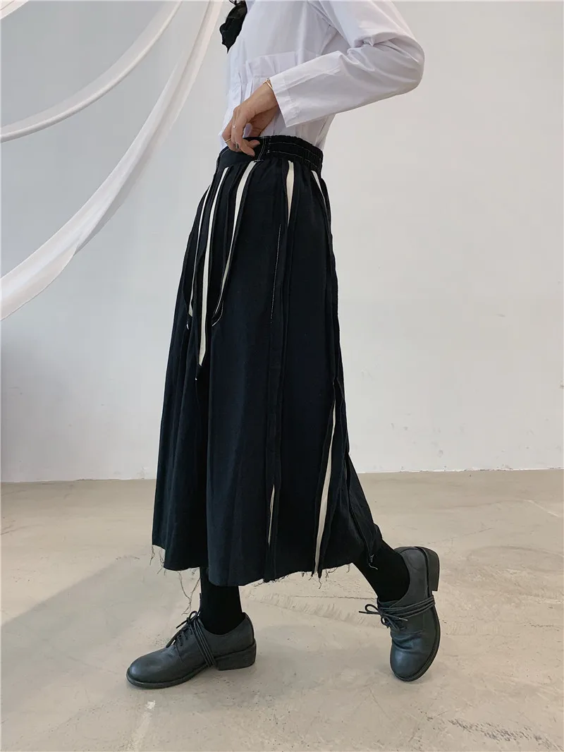 

Black Cotton Linen Half-length Skirt Women's Elastic Waist Midi Skirt Retro Splicing Style H-type Fashionable Korean Version