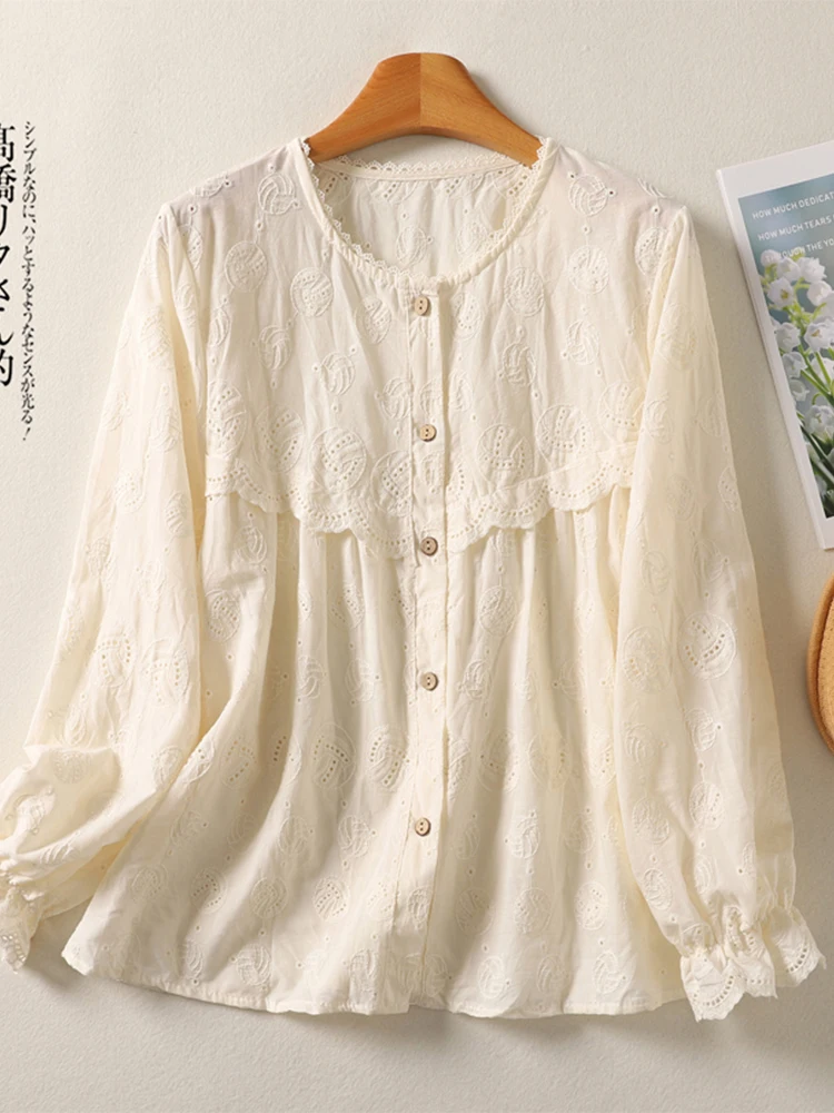 

Ele Long Sve Cotton Linen Embroidered irt Vintage Sle Button up Simple Hook Flower Versatile Agel Top for Women