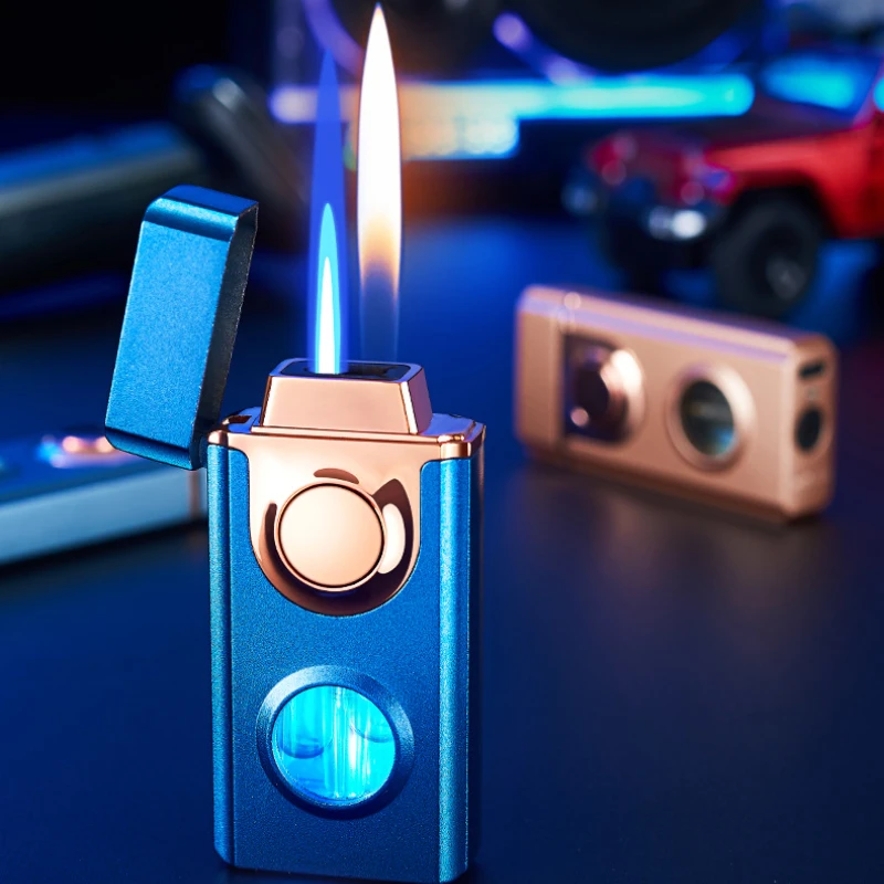 Voice-activated Double Flame Lighter, Blue Light Transom, Straight Into Open Flame, Airflow, Gravity, 4 Ignition Methods, Metal