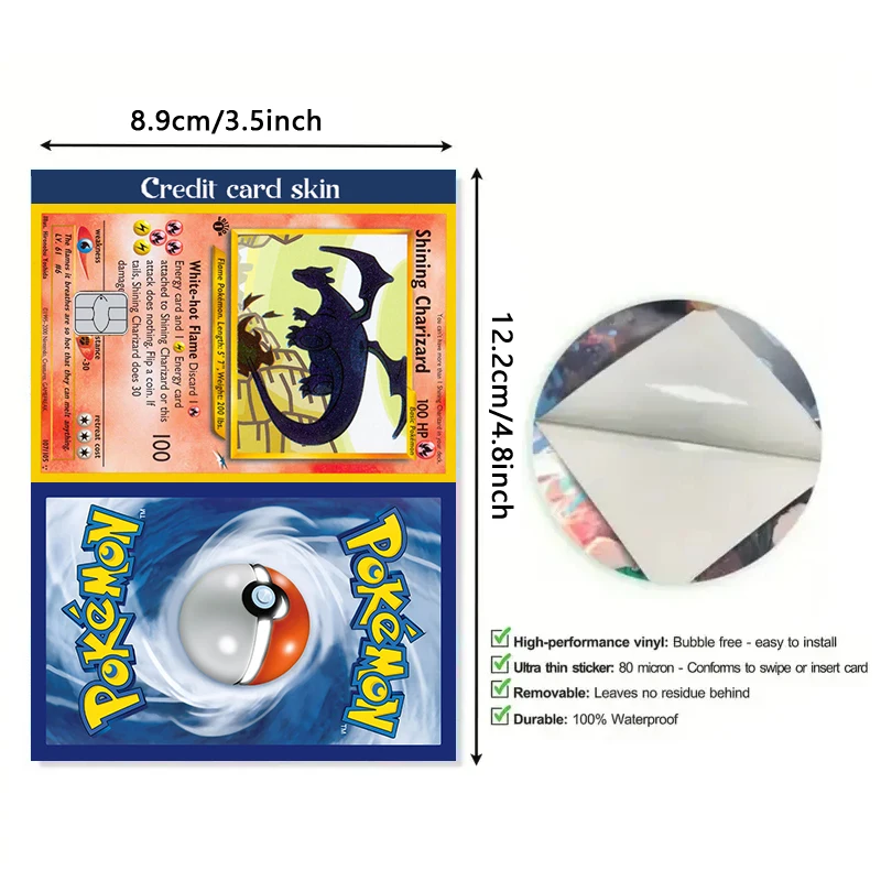 27 Options Available PTCG Charizard Credit Card Skin Sticker Anti-degaussing No Adhesive Residue for VISA Card Debit Card Anime