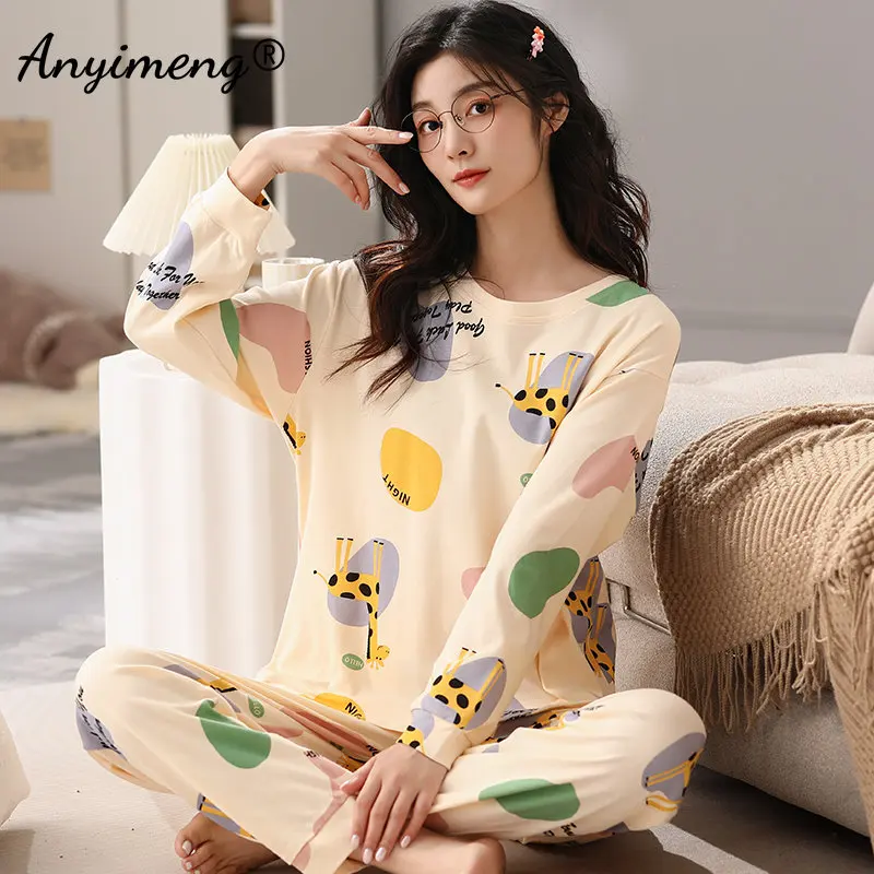 New Autumn Winter Trendy Pajamas Giraffe Printing Women Pijamas Round Collar Sleepwear Nightwear Cotton Loungewear for Girls