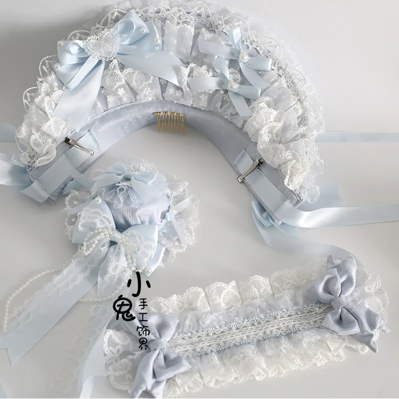 Pastel Blue Lolita KC Hair Set, Mini Top Hat and BNT Bonnet Headband, Handmade Women's Lace Bow Hair Accessories