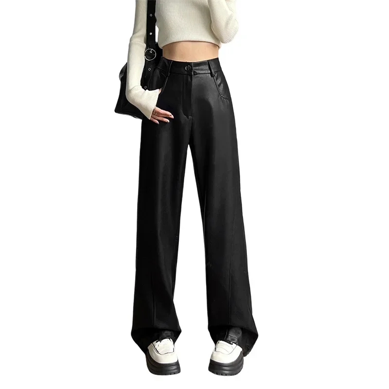 2023 Women Elegant PU Wide Leg Trousers Stretchy Faux Leather Pants Sexy Mid Waist Pantalons Bell Bottom Flared Long Pant