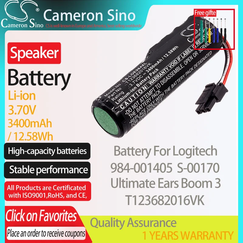 Baterai CameronSino untuk Logitech 984-001405 Ultimate Ear Boom 3 S-00170 Cocok dengan Logitech T123682016VK Baterai Speaker 3400MAh