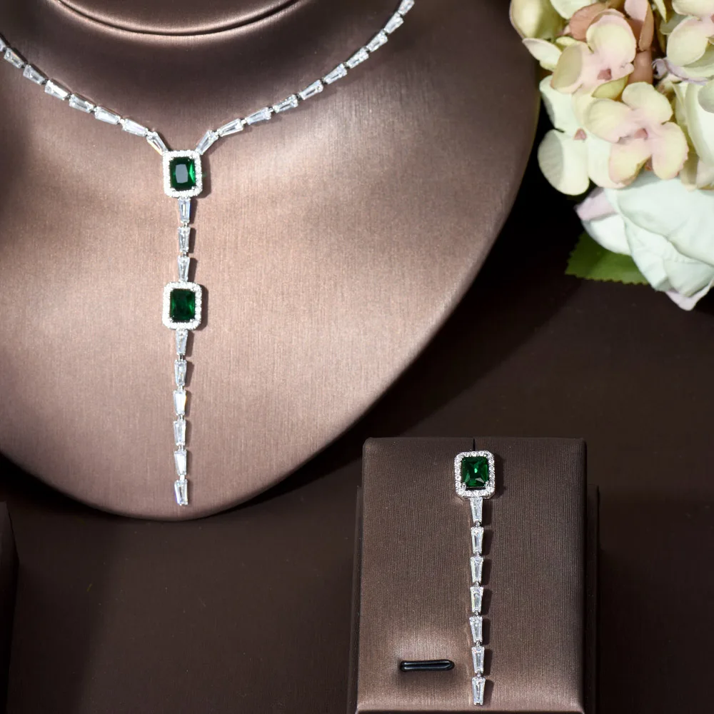HIBRIDE الساخن بيع 2 قطعة مكعب سلسلة مرصعة بحجر الزركون و طقم أقراط تصميم مربع النساء Brilda مجوهرات الزفاف اكسسوارات N-246 #3