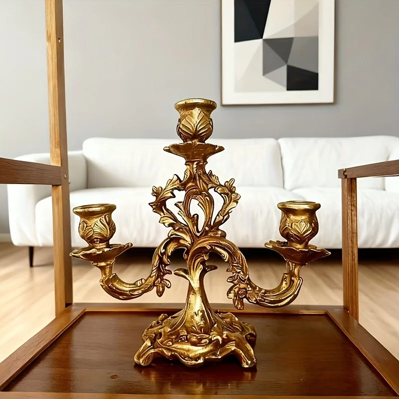 French Carved 3-Arm Gold Resin Candelabra Vintage Baroque Style Candle Holder for Wedding Dining Table Ornament Home Decorations