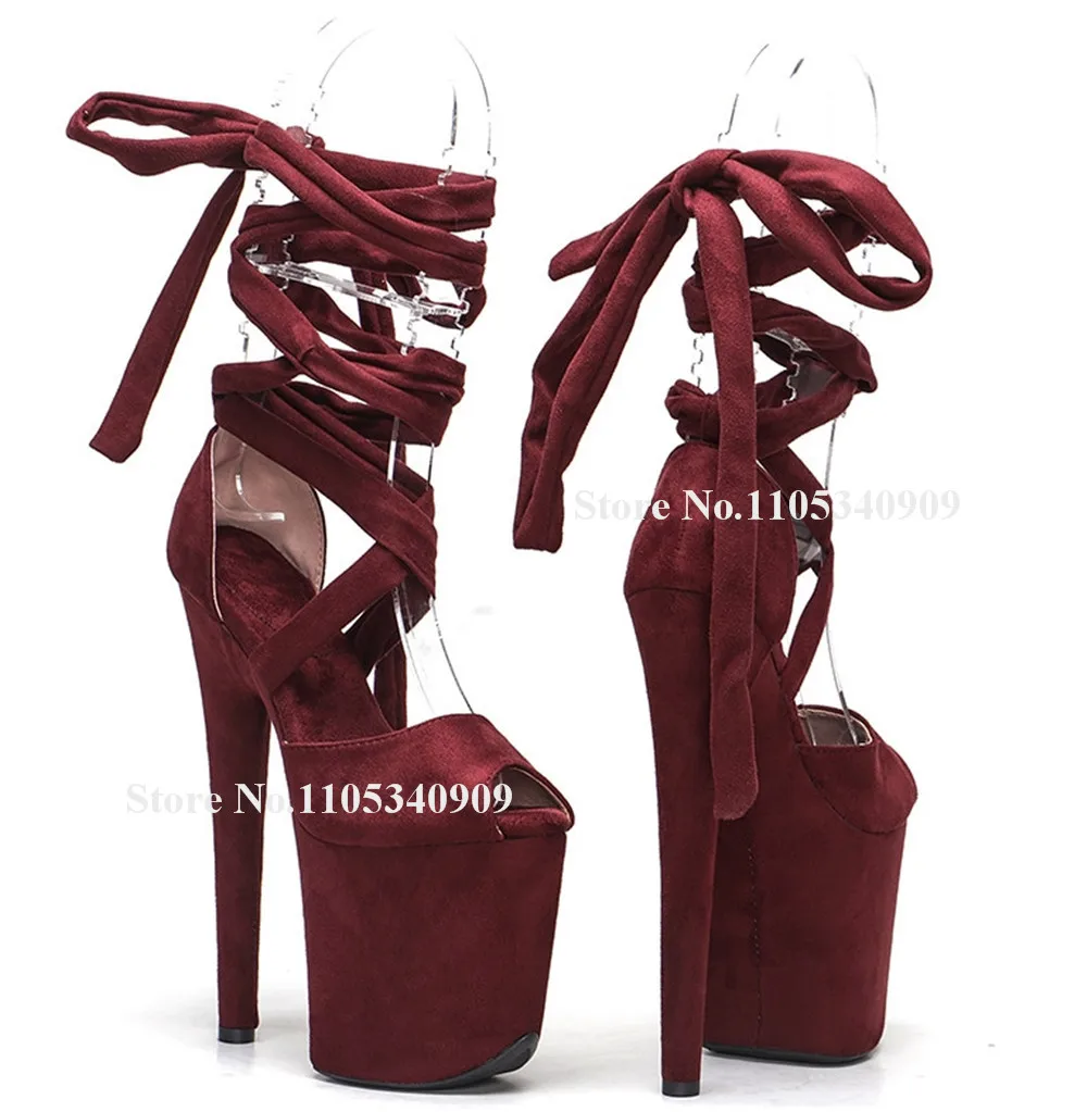 Bondarenko Fashion Wine Red Green Suede Stiletto Heel Sandals Peep Toe Straps Cross High Platform 20cm Thin Heel Dance Shoes