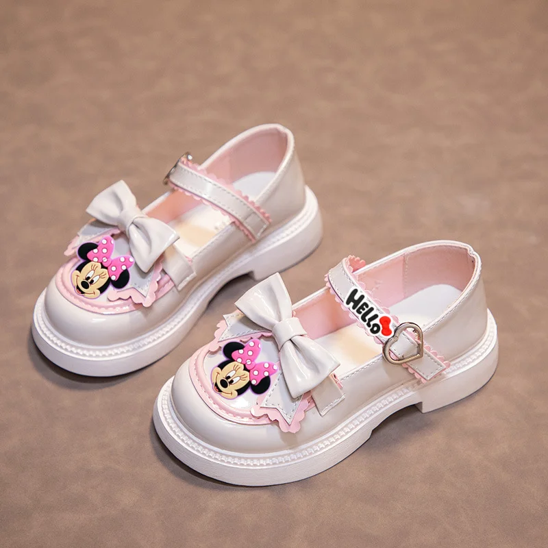 

Черные кожаные туфли Disney Minnie Mouse Girl Sweet Bow с Микки Маусом, новые модные сандалии принцессы на мягкой подошве, обувь для выступлений на сцене