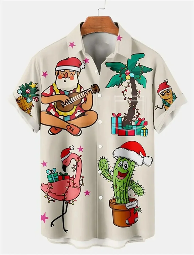 Neutral short sleeved beach shirt, Hawaiian Christmas shirt, Christmas tree printed shirt, men\'s fashionable shirt