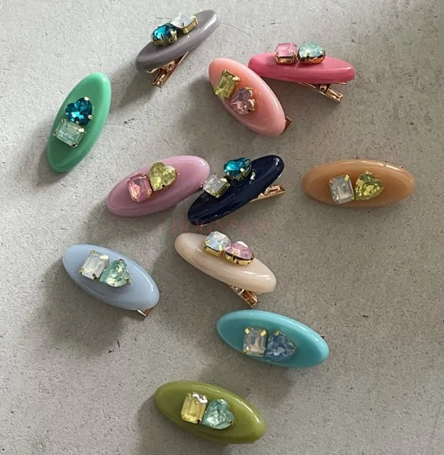 Fashionable color contrast geometric square love rhinestone hair clip with side bangs clip and duckbill clip